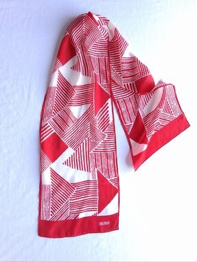 Vintage Bill Blass Scarf Silk Long White & Red  Geometric Print